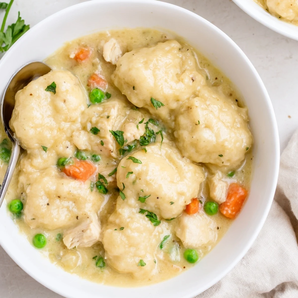 Hearty One Pot Chicken And Dumplings served steaming in deep bowls, parsley garnish