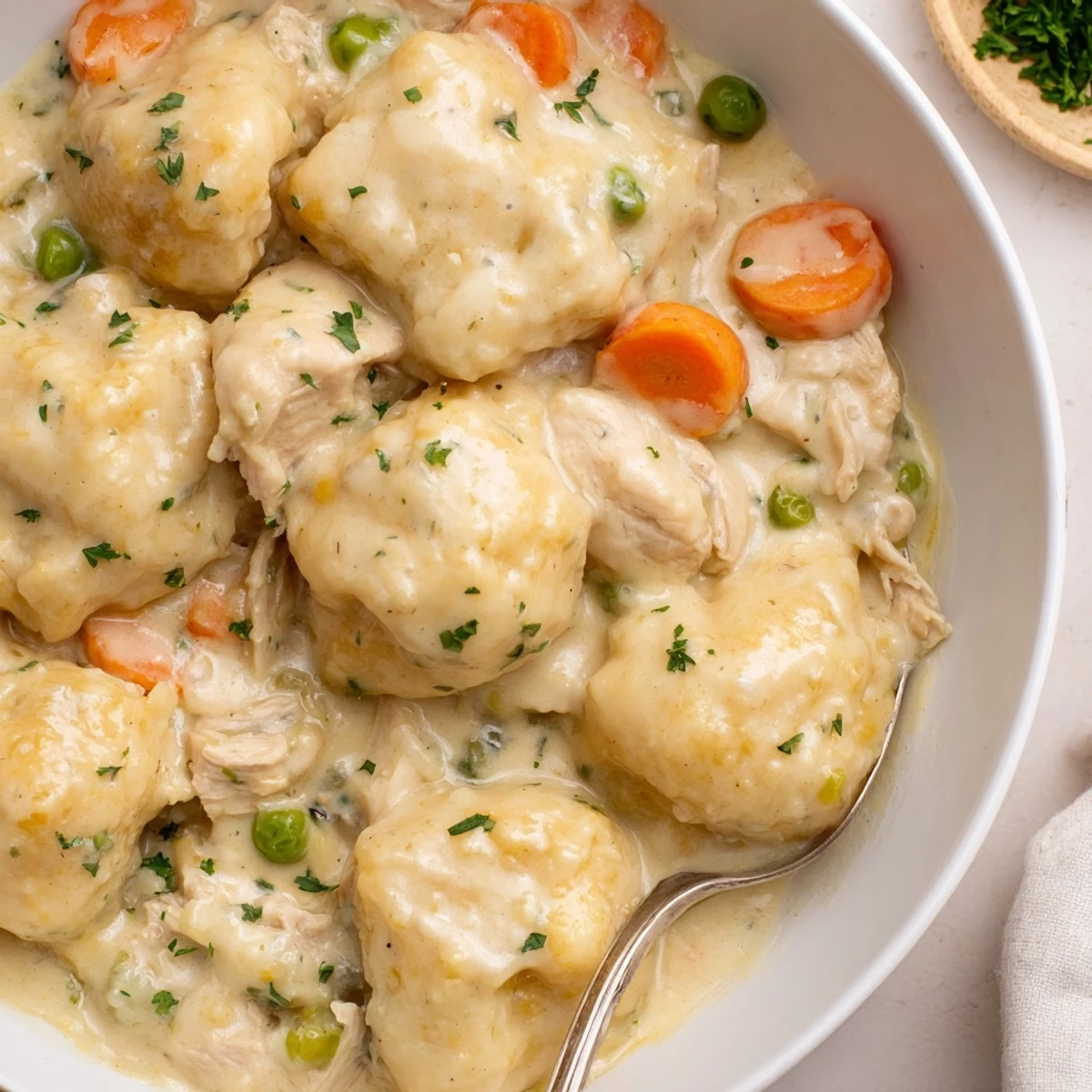 Comforting One Pot Chicken And Dumplings simmering with carrots, celery, rich broth
