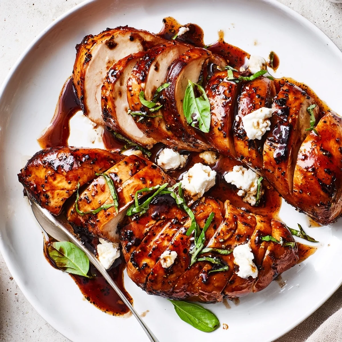 Oven-baked Sweet Tangy Balsamic Chicken with Goat Cheese & Basil, juicy, glossy glaze.