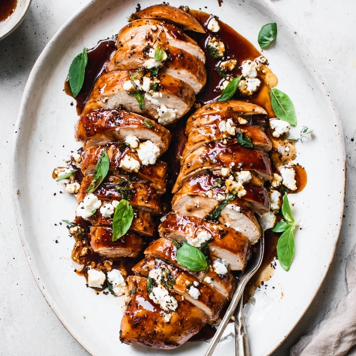 Plated Sweet Tangy Balsamic Chicken with Goat Cheese & Basil, topped with balsamic drizzle.