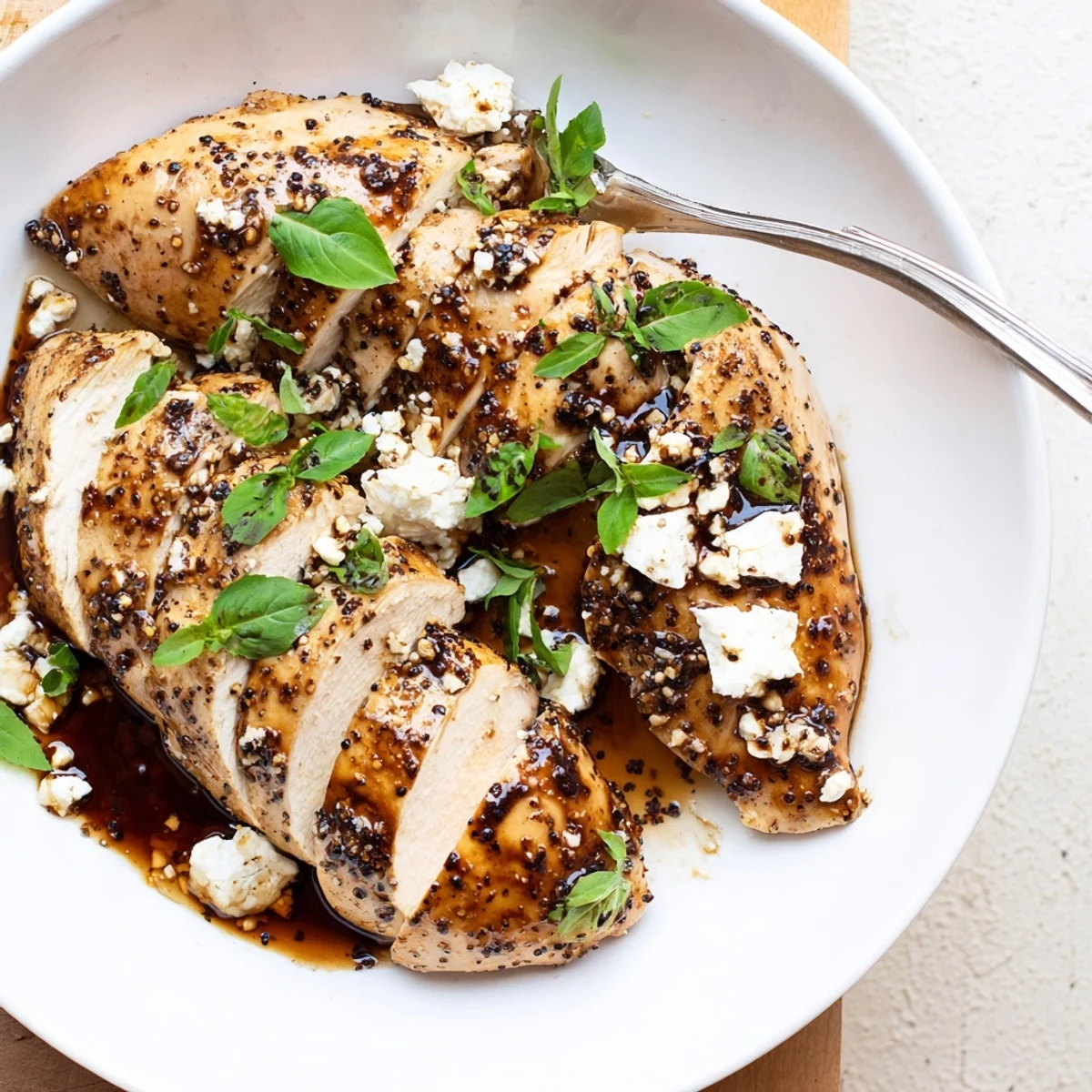 Sliced Sweet Tangy Balsamic Chicken with Goat Cheese & Basil, creamy cheese melting.