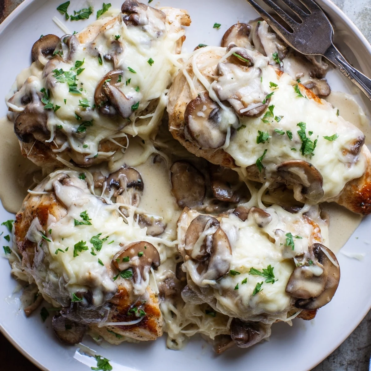 Cheesy Chicken Mushroom Bake bubbling golden, creamy sauce over tender roasted chicken.