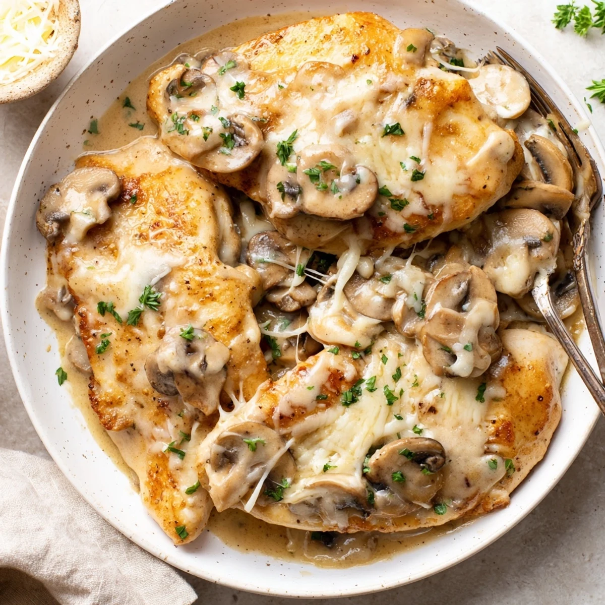 Family-style Cheesy Chicken Mushroom Bake served with parsley garnish and mashed potatoes.