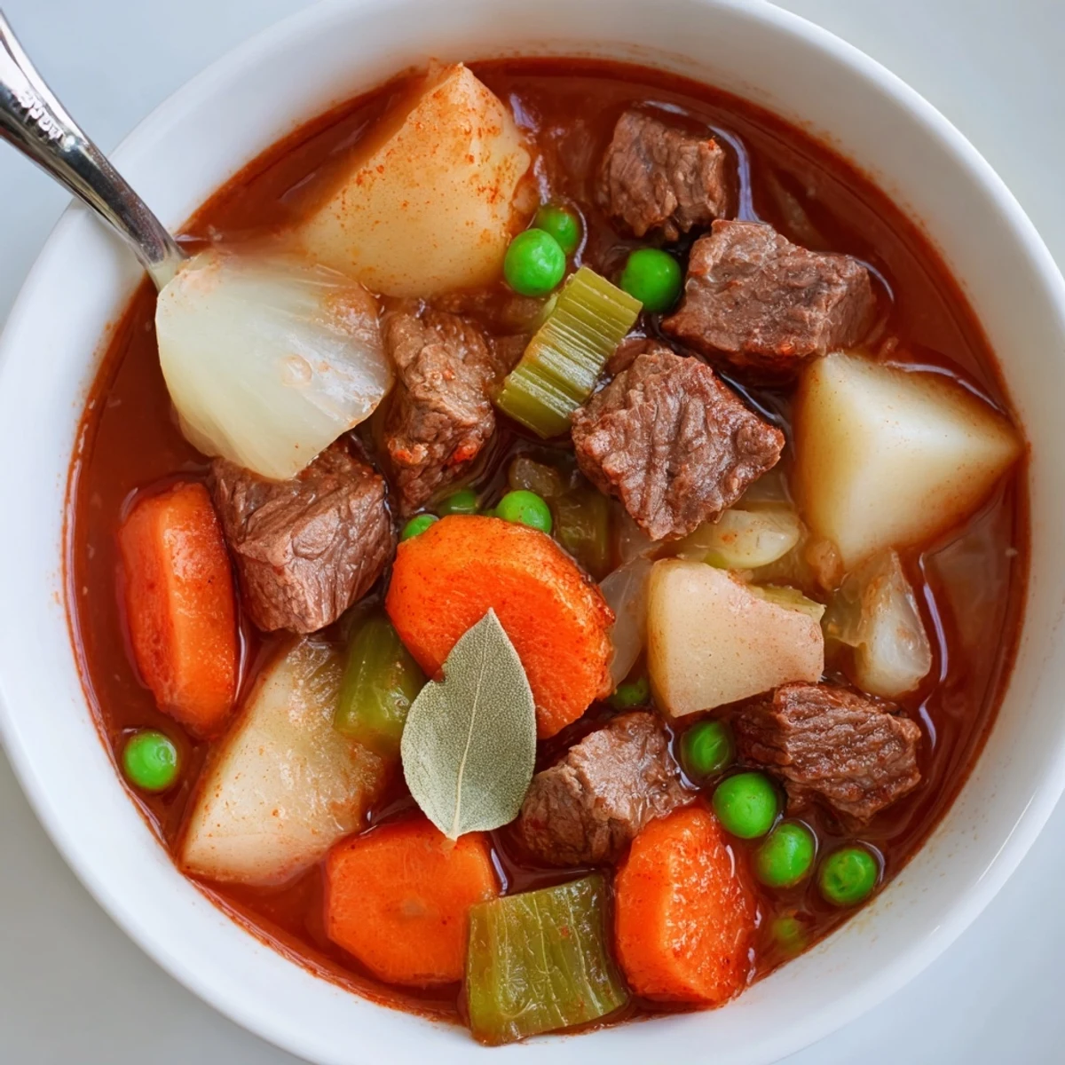 Beef Stew gently simmering in a Dutch oven, tender beef and vegetables