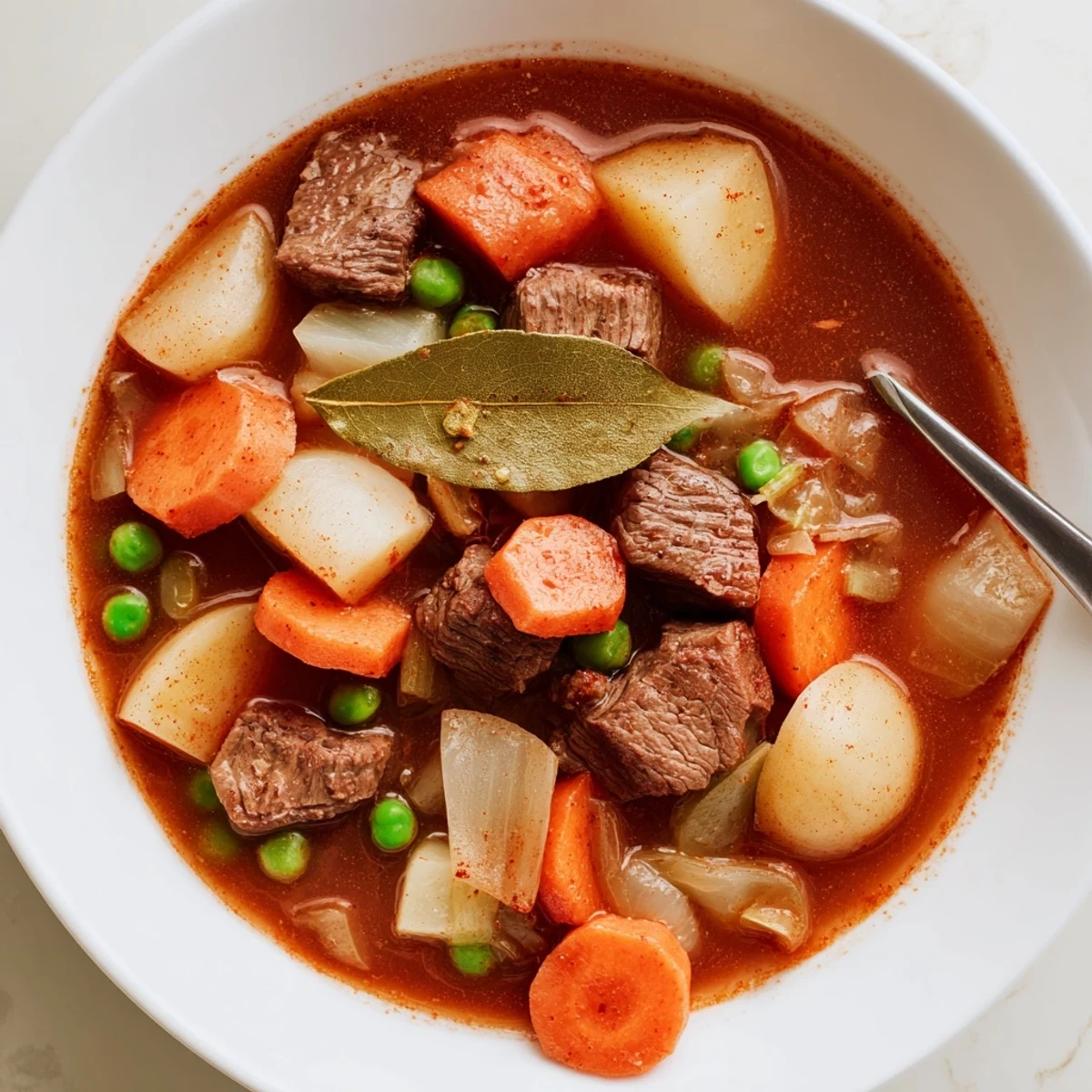 Aromatic Beef Stew slow-cooked with red wine, thick gravy coating fork tender beef