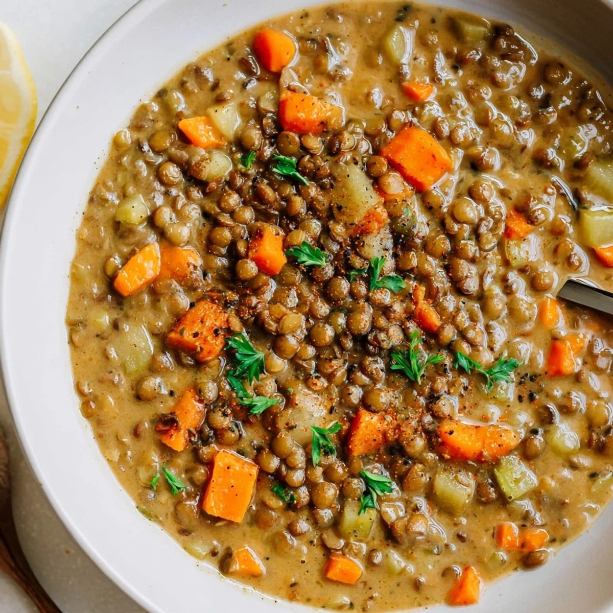 Warm Lentil Soup with tender vegetables, lemon brightness and crusty bread