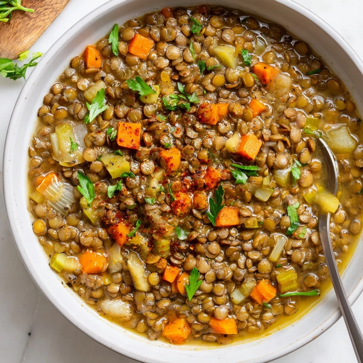 Lentil Soup steaming in a bowl, savory aroma with parsley garnish