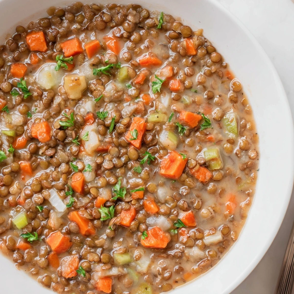 Bowl of Lentil Soup, thick texture, smoky spices and wooden spoon