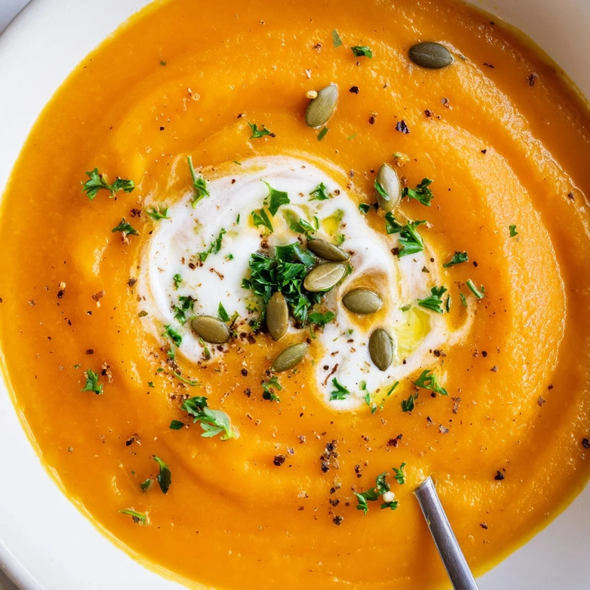 Carrot Soup, silky orange puree in bowls, garnished with parsley and cream.