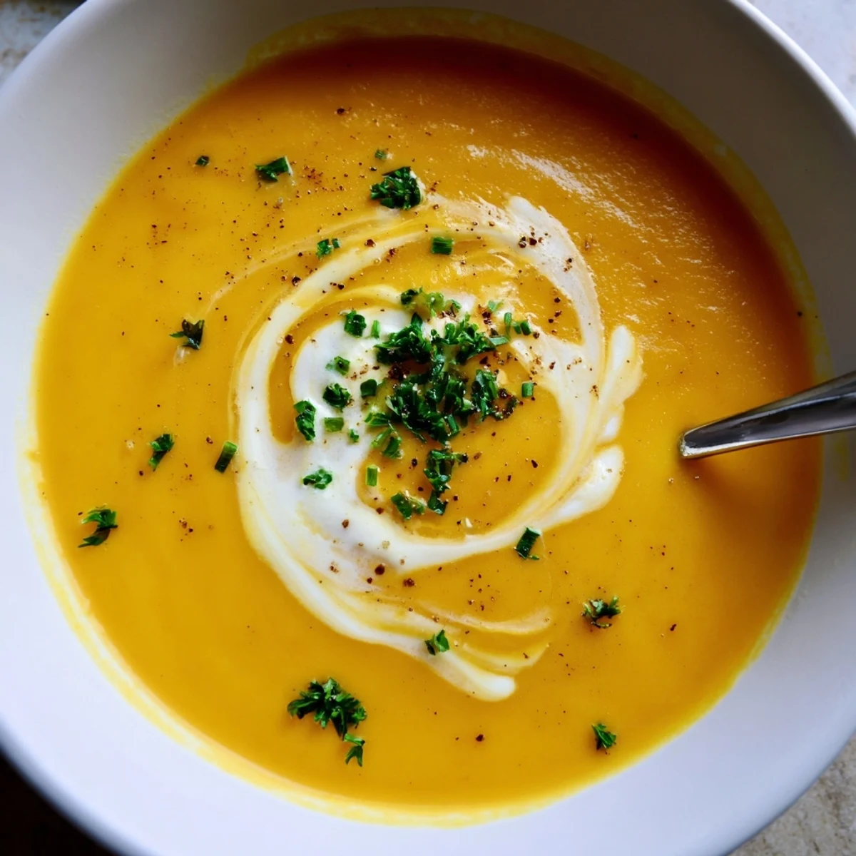 Warm Carrot Soup steaming on table, hint of cumin and crusty bread.