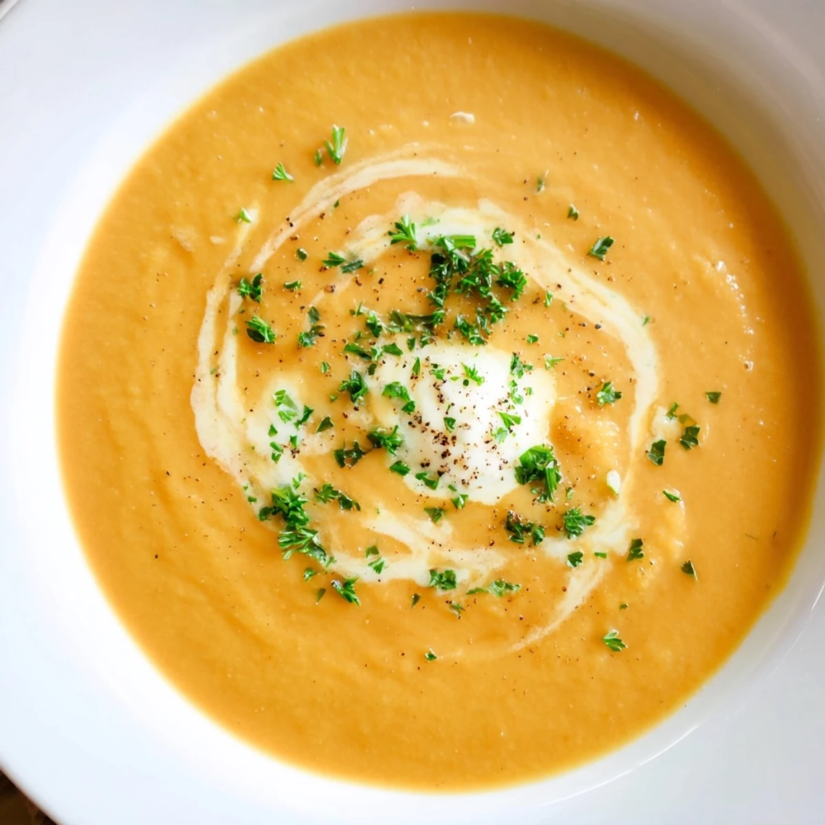 Bright Carrot Soup swirled with coconut cream, sprinkled with chives, comforting starter.