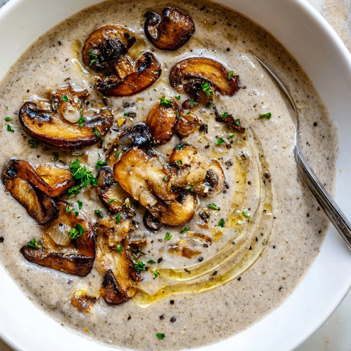 Velvety broth with browned mushrooms, thyme, and pepper in Mushroom Soup