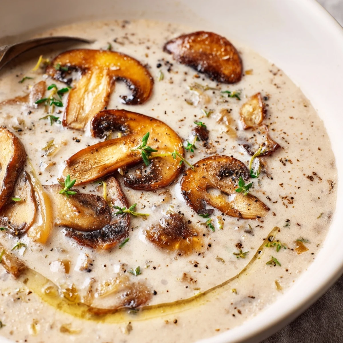 Homemade Mushroom Soup ladled over crusty bread, garlic scent and parsley