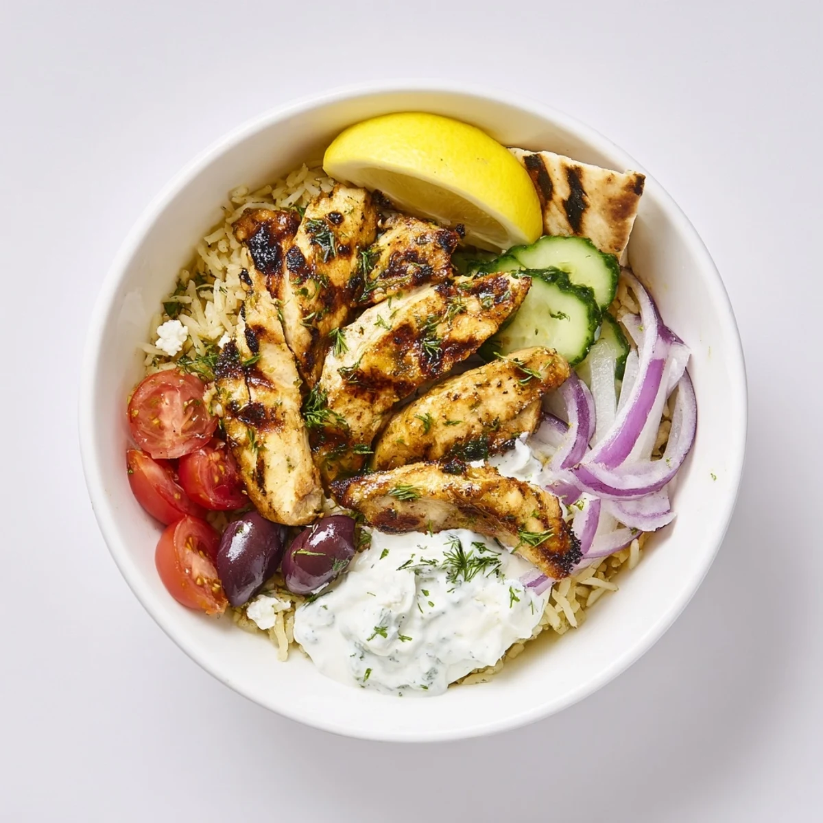 Greek Chicken Bowls with juicy grilled chicken, tangy tzatziki, vibrant veggies