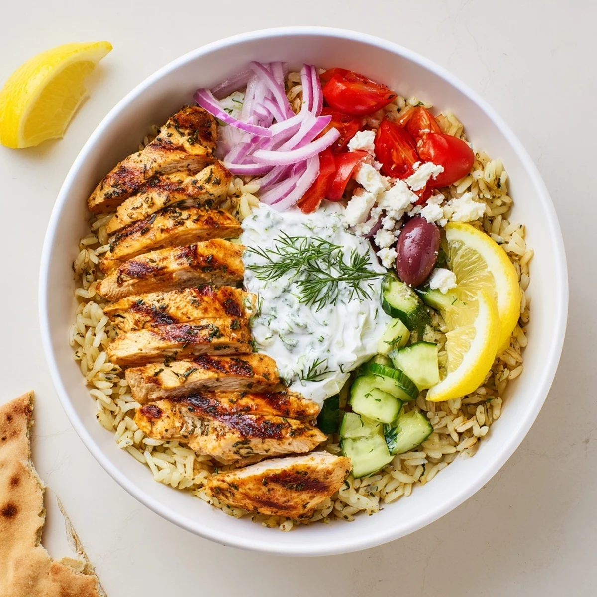 Weeknight Greek Chicken Bowls marinated in lemon-garlic, sizzling on a hot skillet