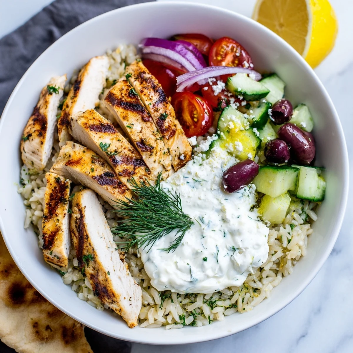 Warm Greek Chicken Bowls served over herbed rice, feta crumbs, lemon wedge
