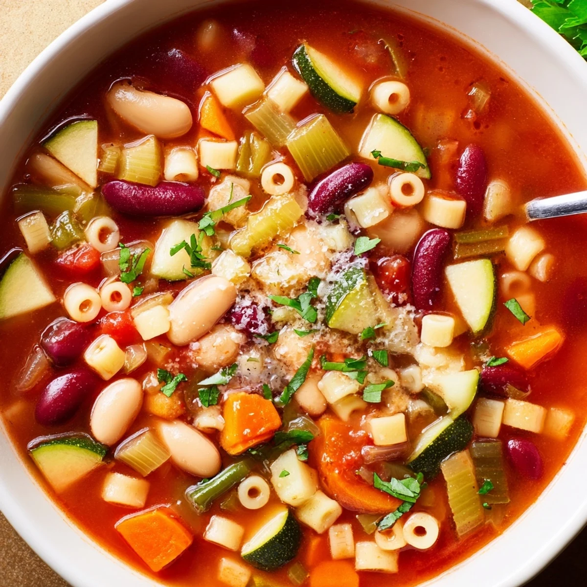 Steaming Minestrone Soup in a bowl, chunky vegetables and pasta visible