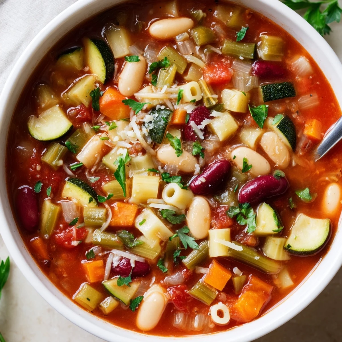 A ladle of Minestrone Soup reveals beans, zucchini, carrot, and aromatic tomato broth