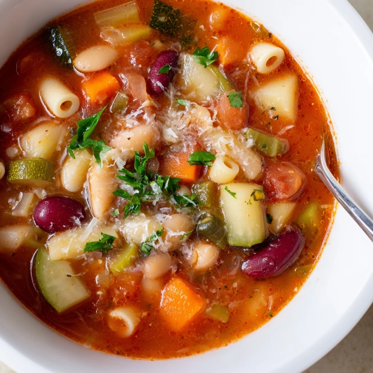 Minestrone Soup topped with chopped parsley and grated Parmesan beside crusty bread