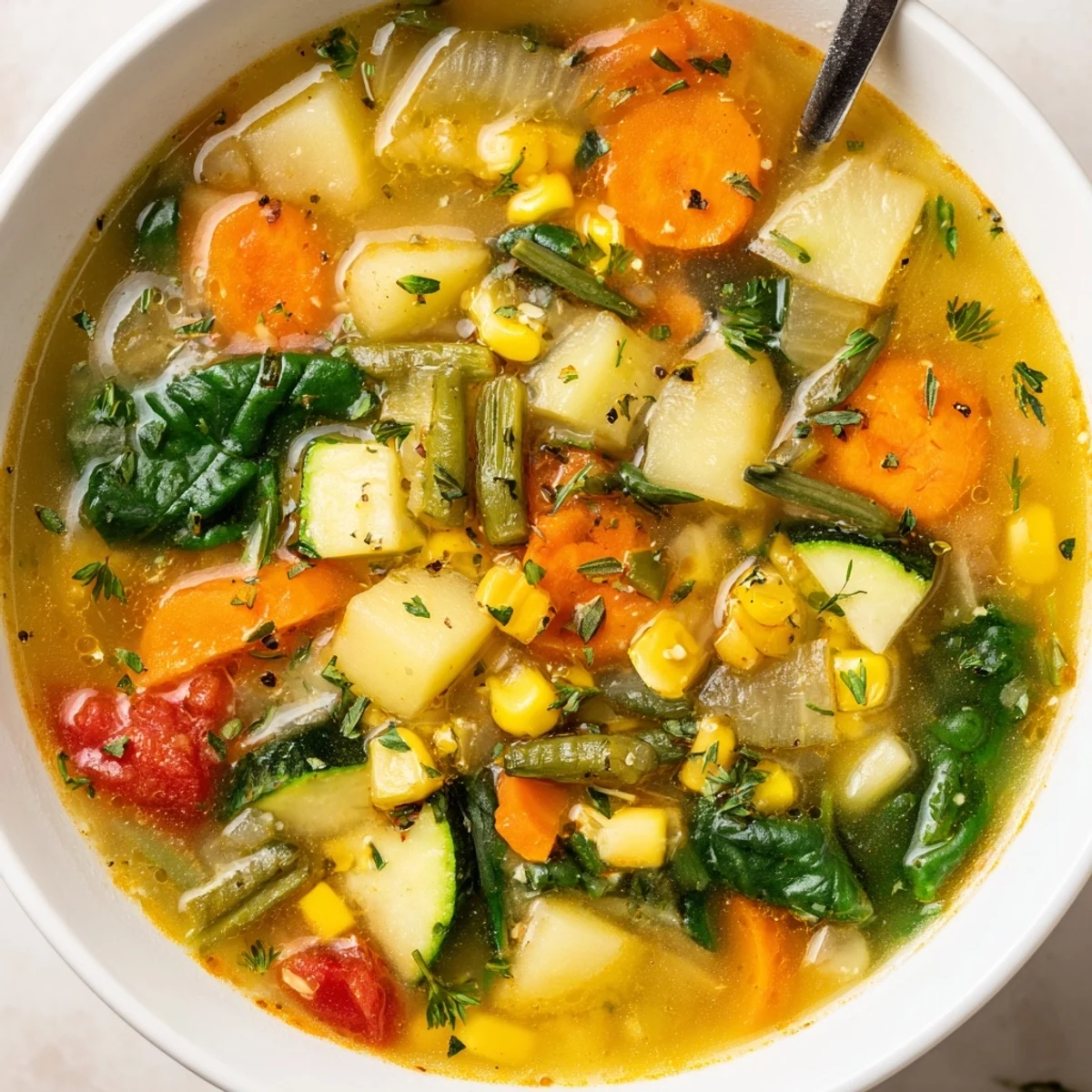 Hearty Vegetable Soup steaming in a bowl with parsley, crusty bread