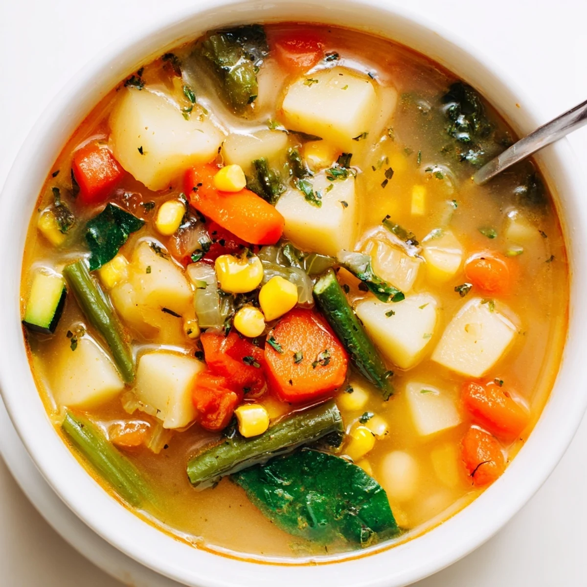Warm Vegetable Soup brimming with tender vegetables, fragrant thyme and garlic