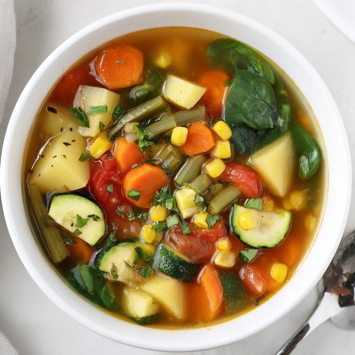 Homestyle Vegetable Soup simmering in pot, chunks of potato and zucchini
