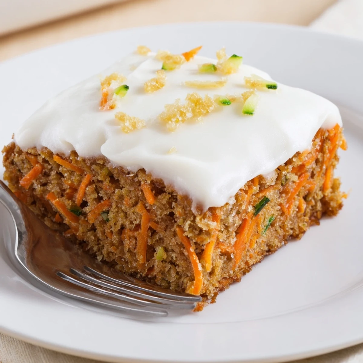Warm Spiced Ginger Carrot And Zucchini Bars With Lemon Cream Cheese Frosting, sliced