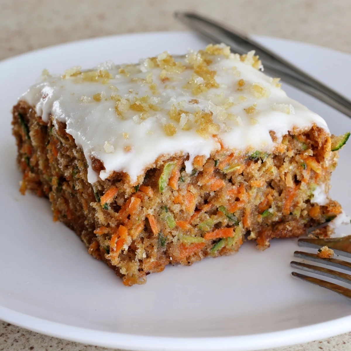 Spiced Ginger Carrot And Zucchini Bars With Lemon Cream Cheese Frosting on plate