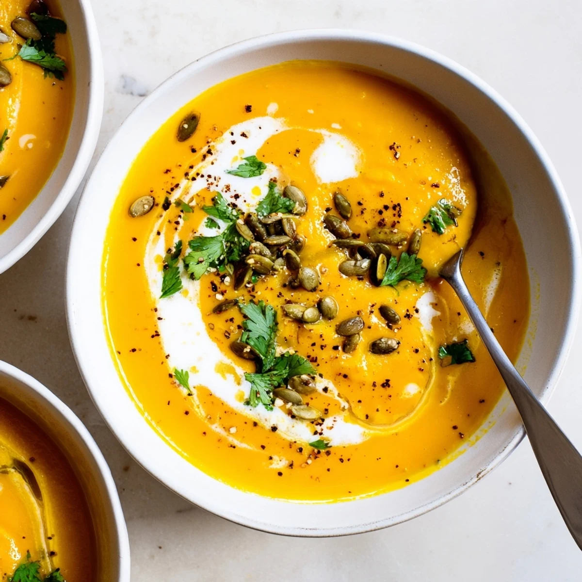 Autumn Pumpkin Soup with coconut milk, silky texture and crusty bread