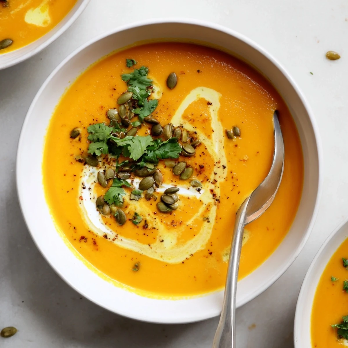 Creamy Pumpkin Soup steaming in white bowl, roasted seeds and parsley garnish