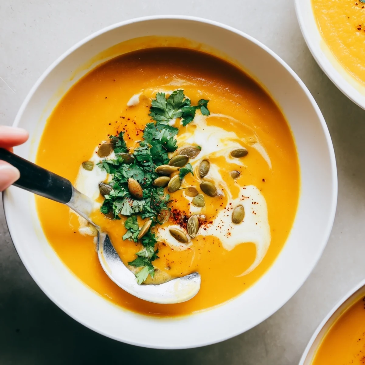 Roasted Pumpkin Soup infused with cumin and nutmeg, topped with coconut swirl