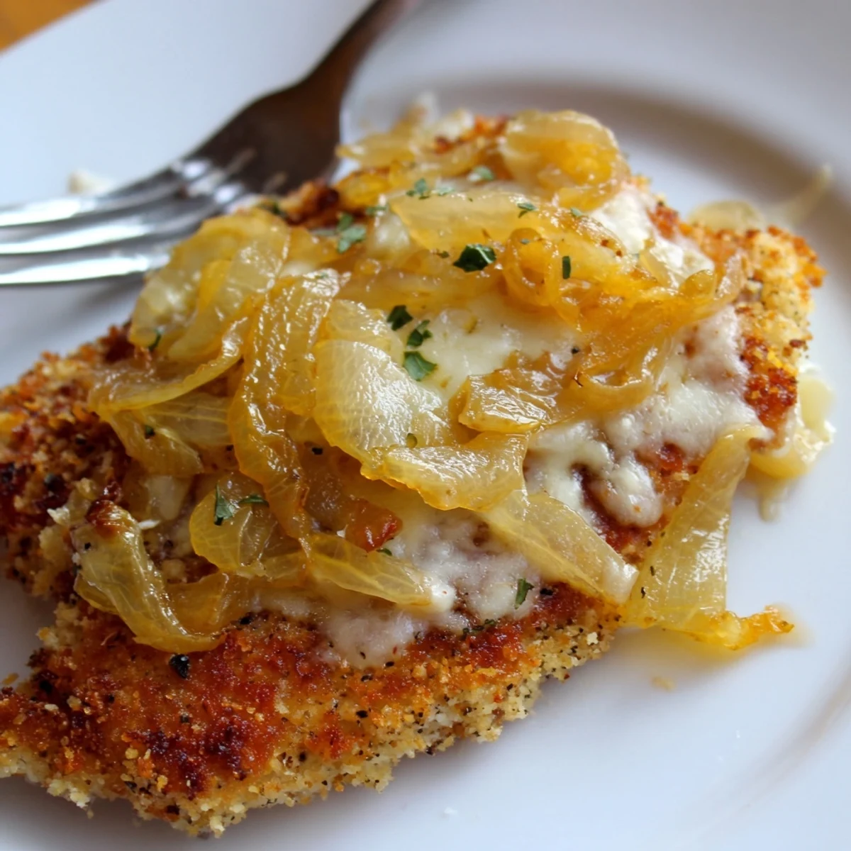 Crispy Chicken Caramelized Onions Melted Cheese piled on a parchment-lined baking sheet