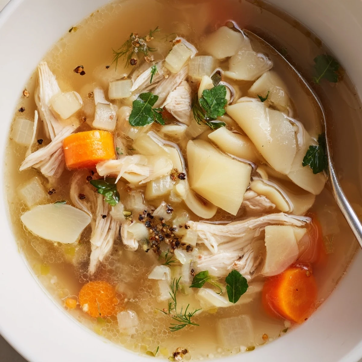 Chicken Soup steaming in a bowl, shredded chicken and tender vegetables