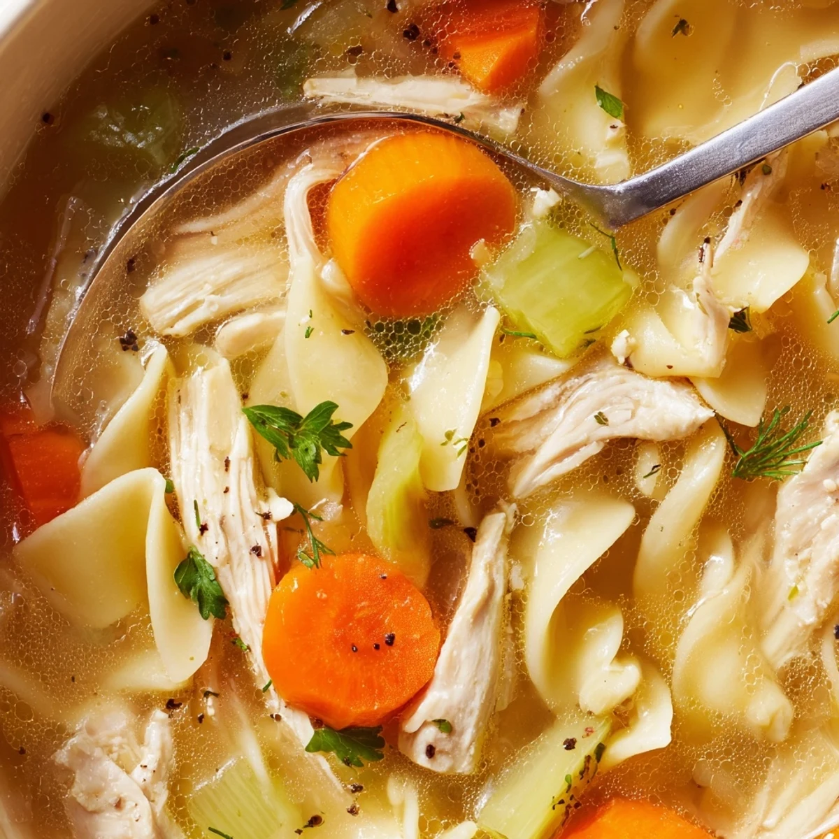 Warm Chicken Soup ladled over gluten-free noodles, aromatic herbs and savory broth