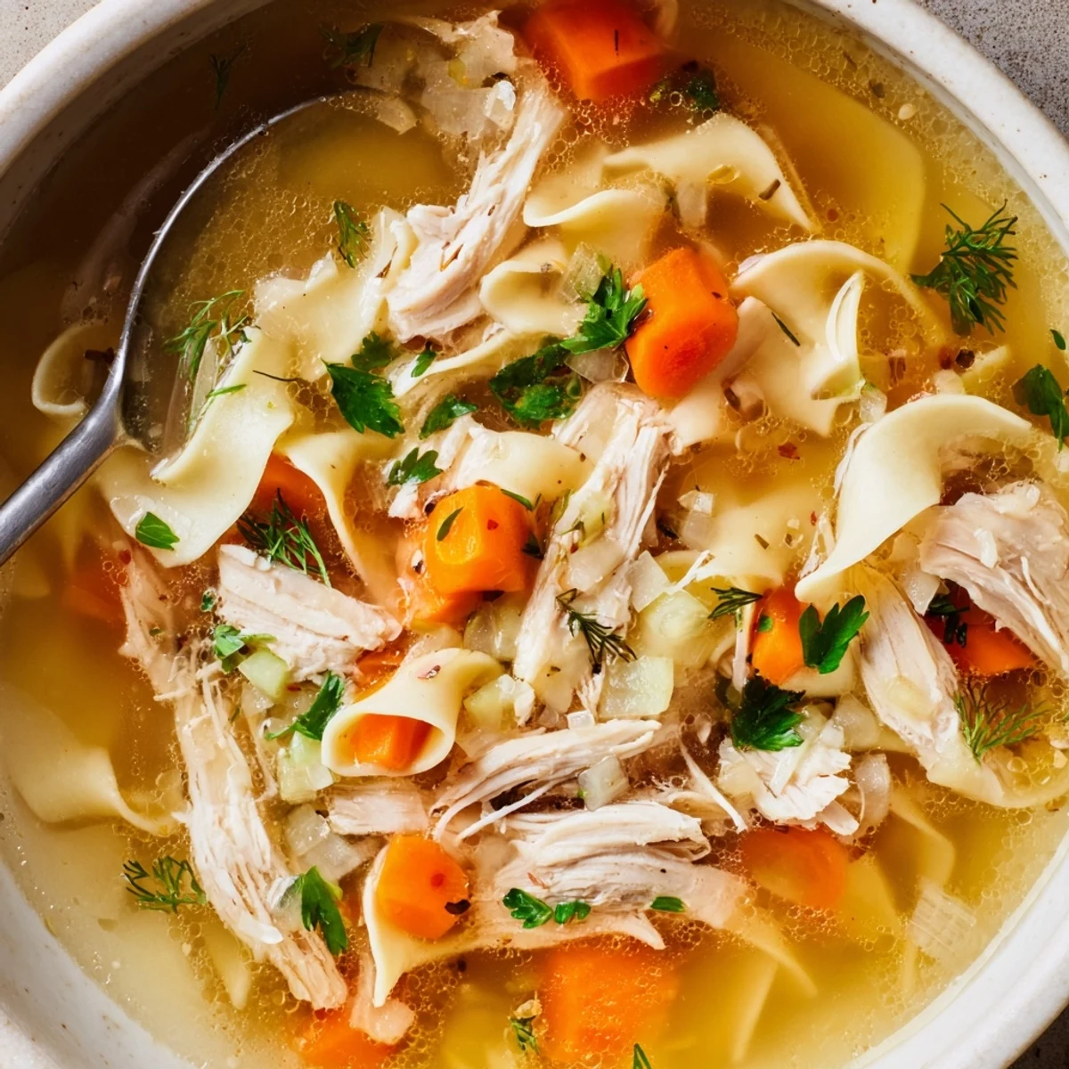 Bowl of Chicken Soup garnished with fresh parsley, paired with crusty bread