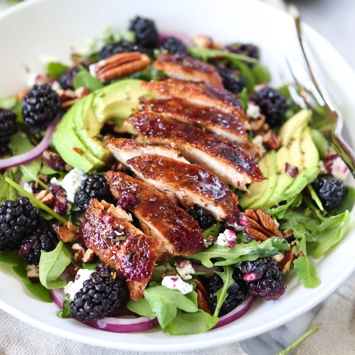 Sliced grilled chicken, ripe berries, avocado on Sweet Tangy Blackberry Chicken Salad Recipe.