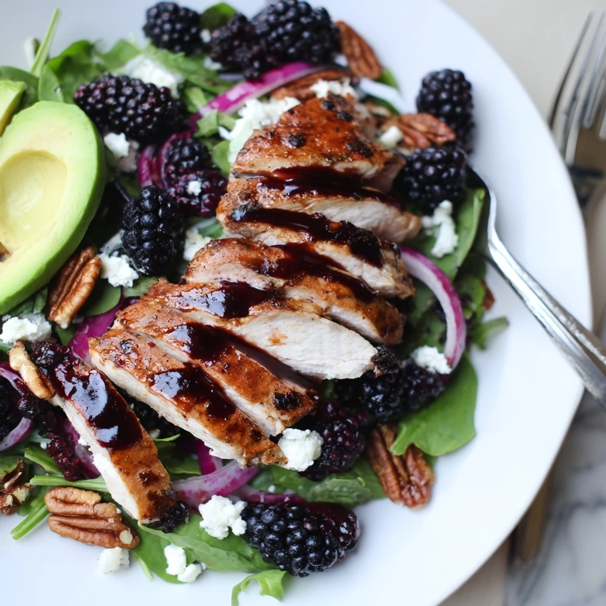 Bright Sweet Tangy Blackberry Chicken Salad Recipe tossed in glossy balsamic vinaigrette.