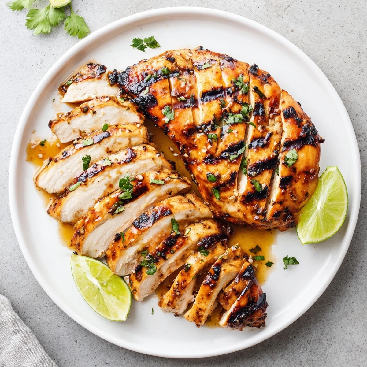 Key West Grilled Chicken With Tropical Citrus Marinade, juicy charred edges and lime wedges.
