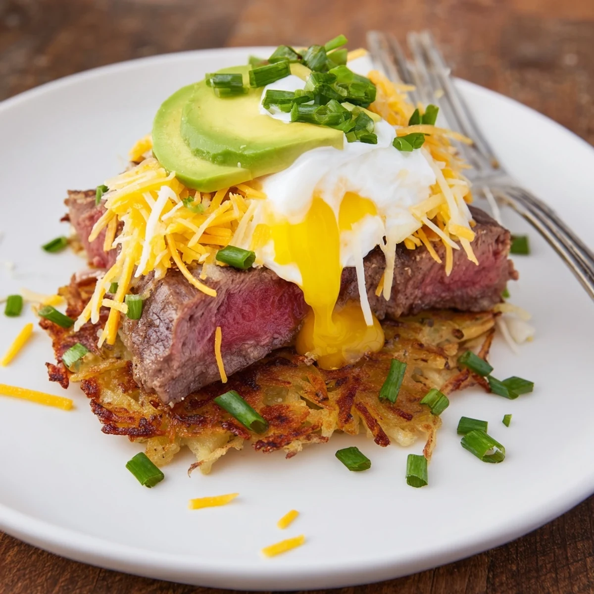 Loaded Steak Egg Hash Brown Stacks Recipe plated hot, juicy steak and runny yolks