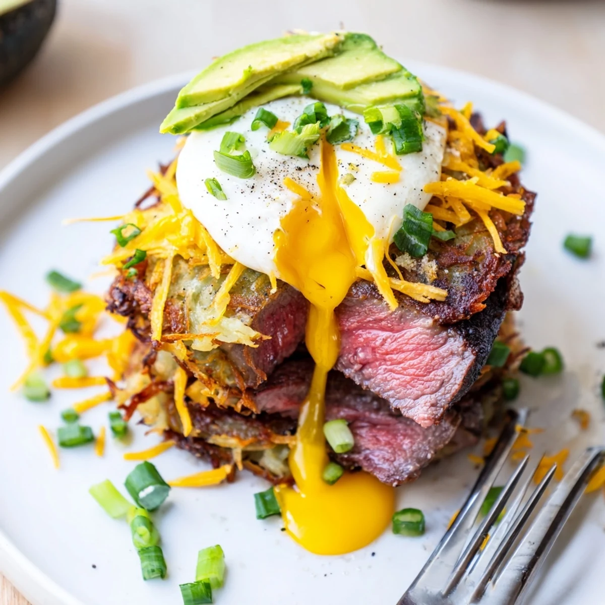 Pan-seared Loaded Steak Egg Hash Brown Stacks Recipe with crispy golden edges