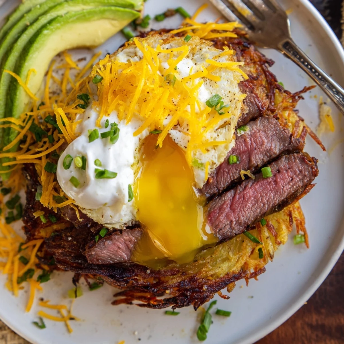 Loaded Steak Egg Hash Brown Stacks Recipe topped with avocado, cheddar, and chives