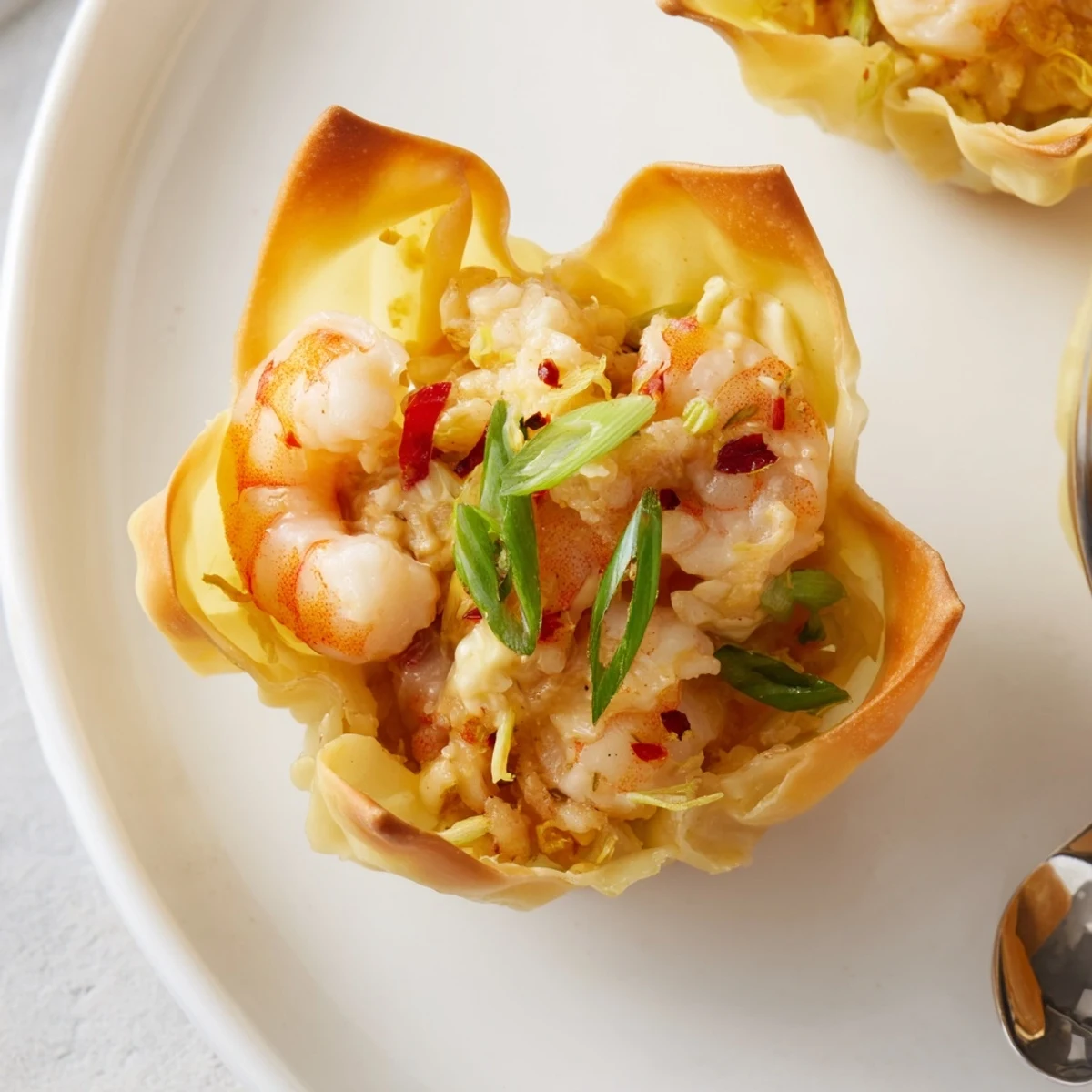 Crispy Shrimp Wonton Cups With Lime Cream, golden baked shells with creamy zesty filling