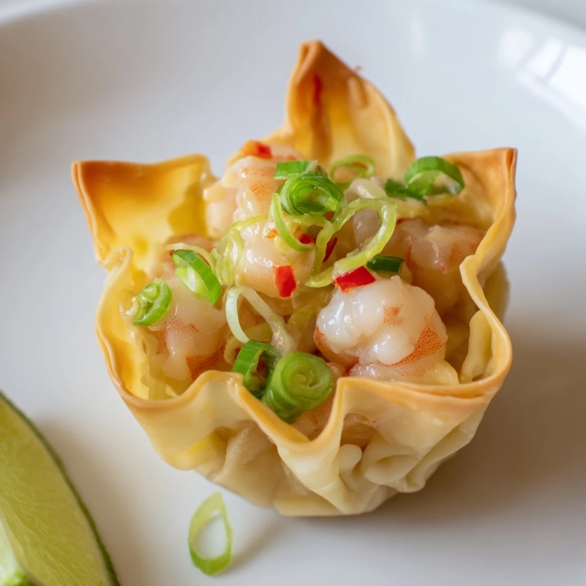 Crispy Shrimp Wonton Cups With Lime Cream topped with cilantro, scallions, extra lime zest