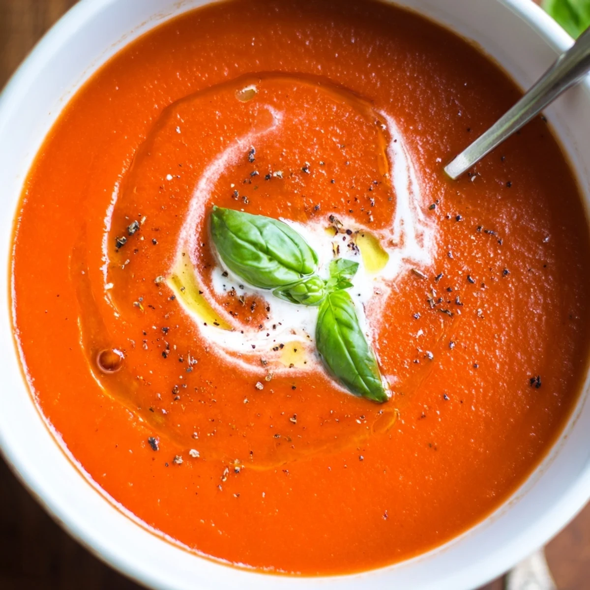 Silky Tomato Soup steaming in rustic bowl, garnished with fresh basil.