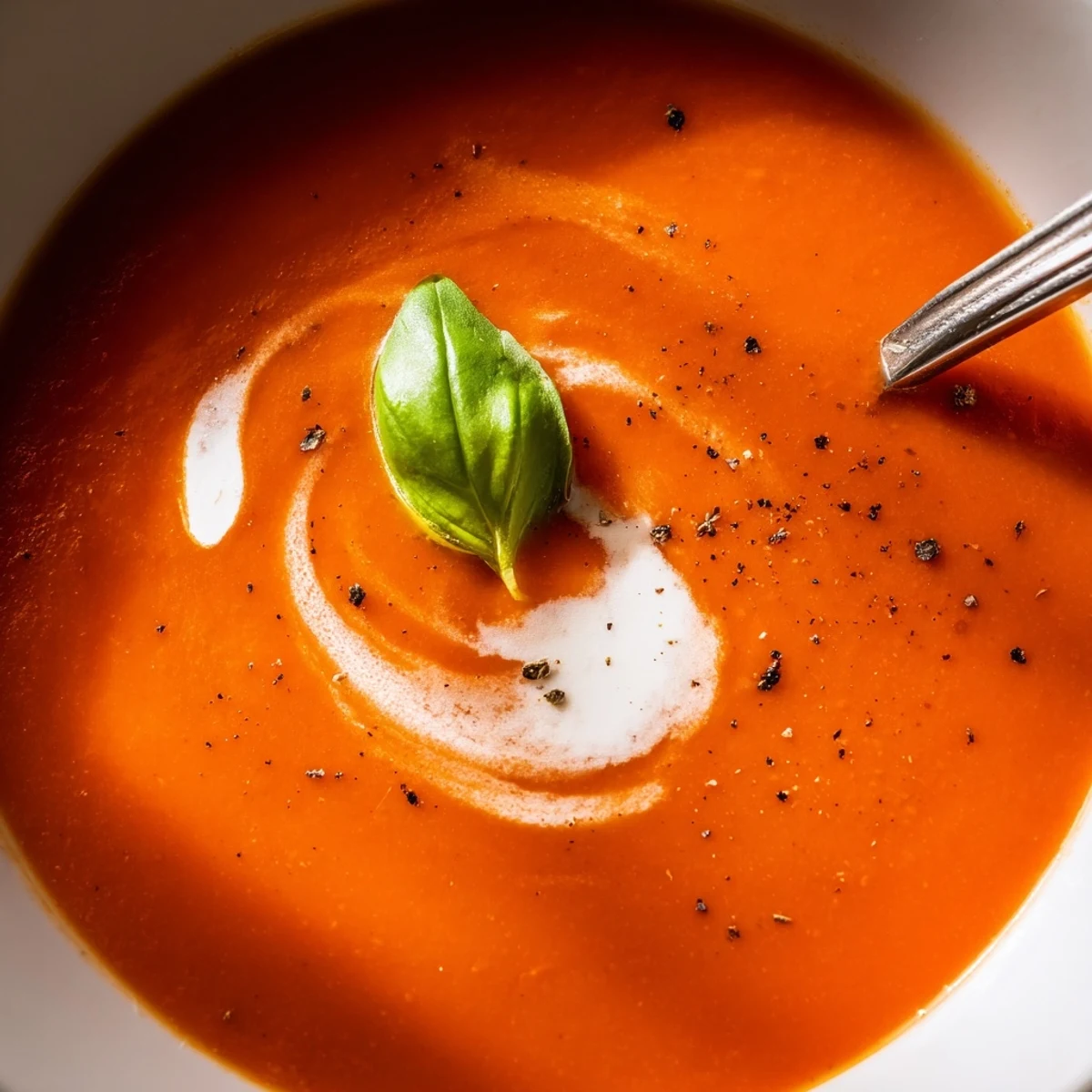 Bright homemade Tomato Soup with olive oil sheen, ladle and grilled cheese.