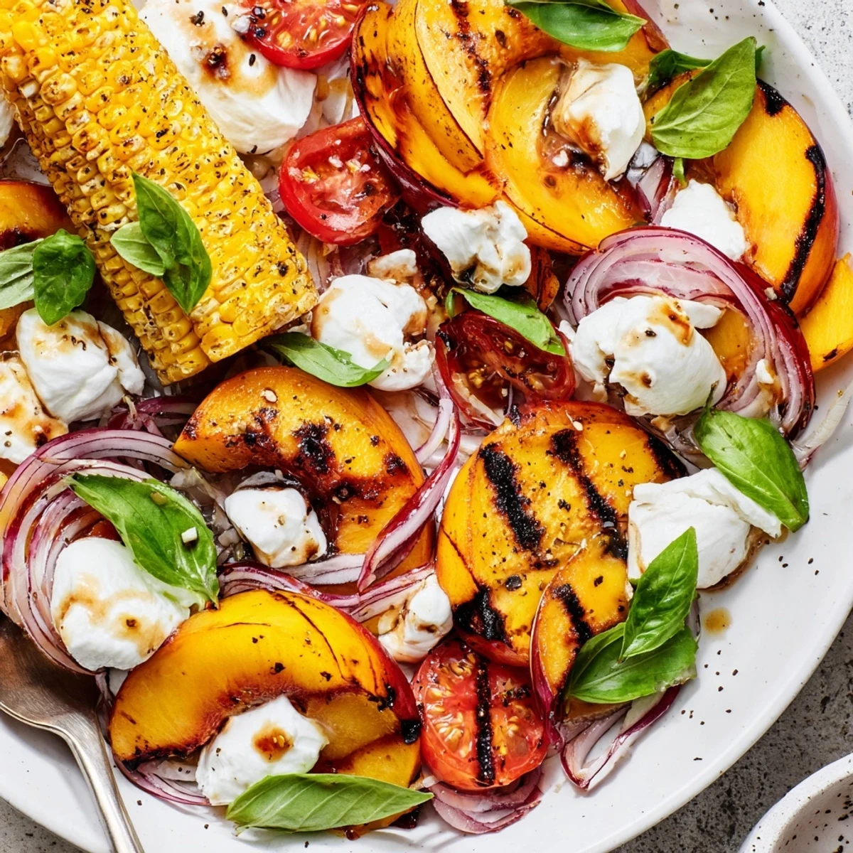 Grilled Peach Corn Salad with Creamy Cheese, charred peach wedges and kernels