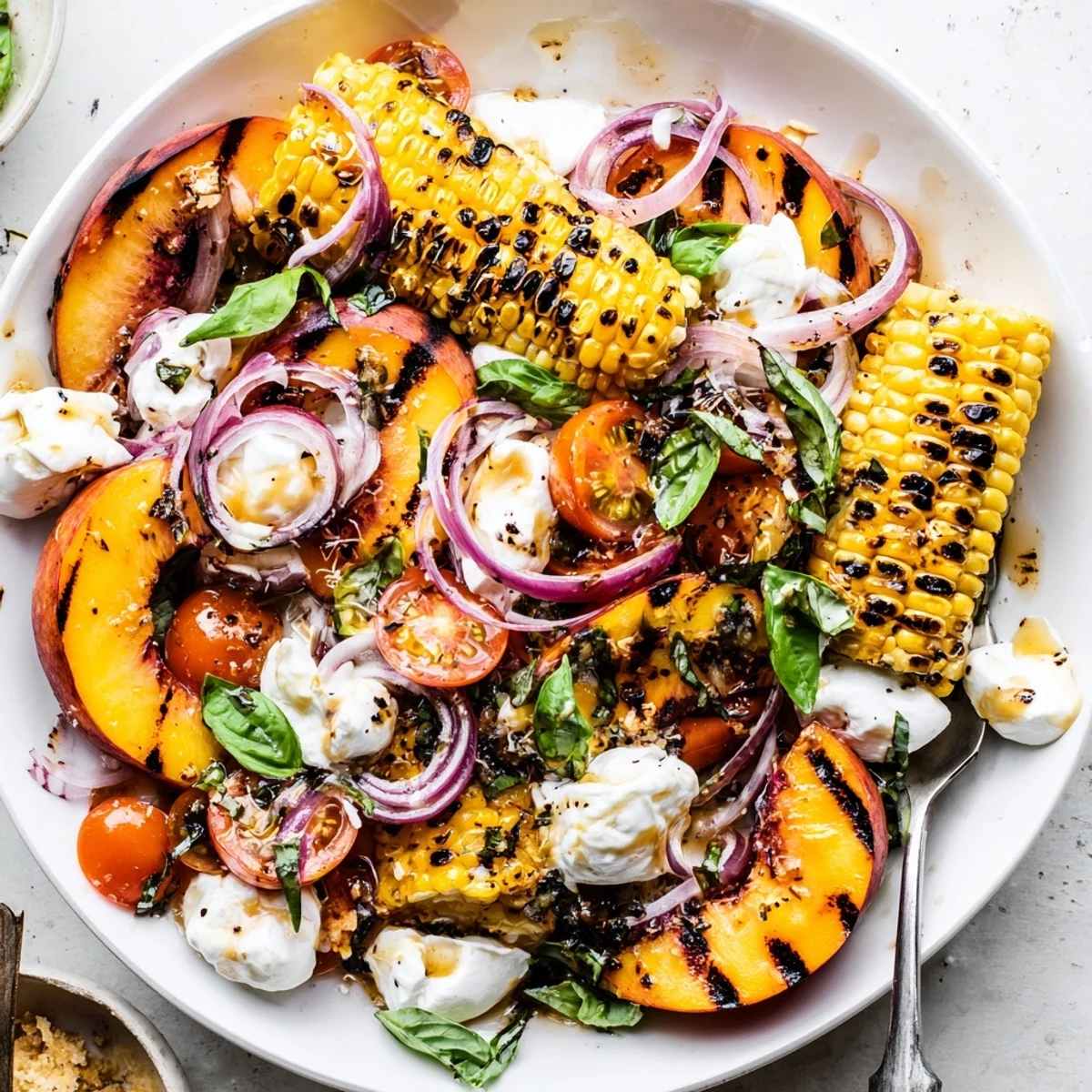 Brightly dressed Grilled Peach Corn Salad with Creamy Cheese drizzled in balsamic-honey dressing