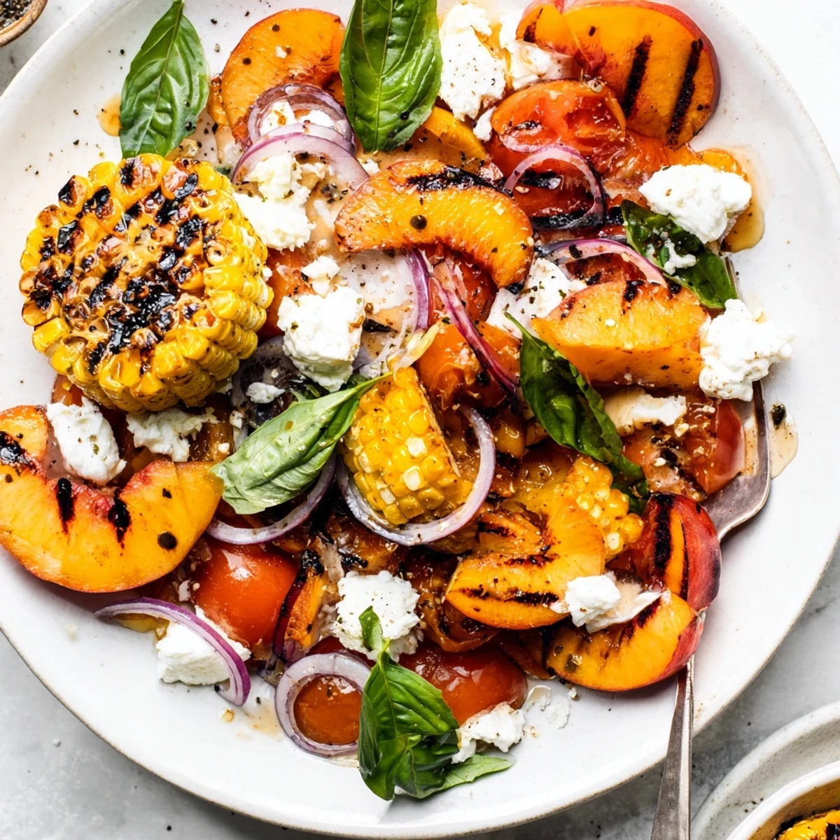 Summer picnic Grilled Peach Corn Salad with Creamy Cheese topped with torn burrata