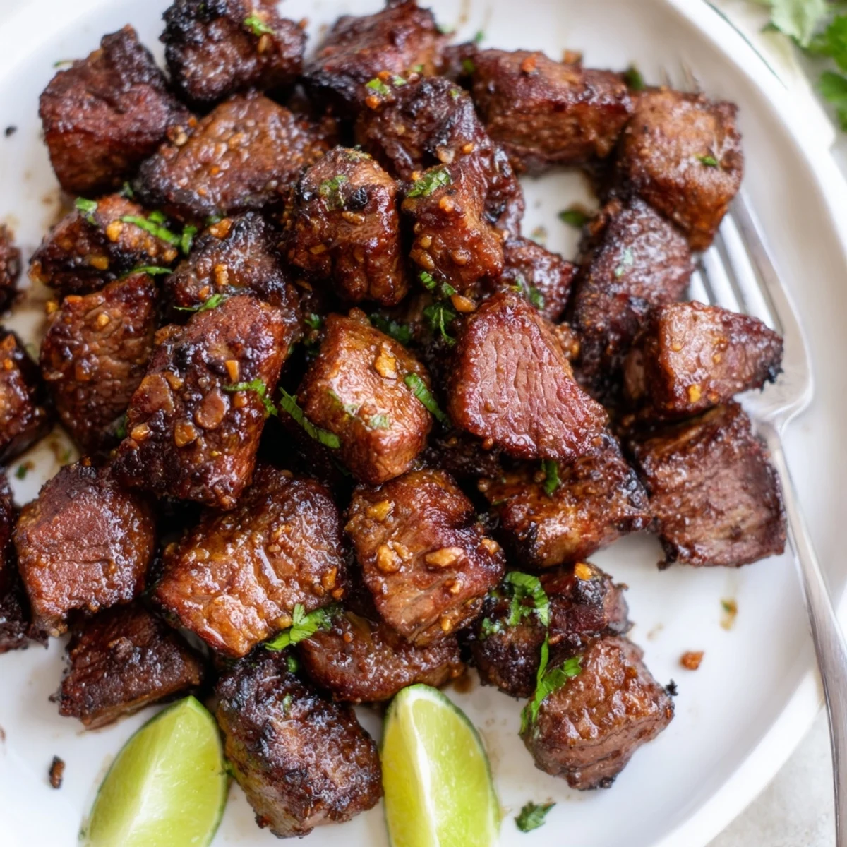 Sweet Spicy Jerk Style Beef Bites sizzling, caramelized edges, garnished with lime