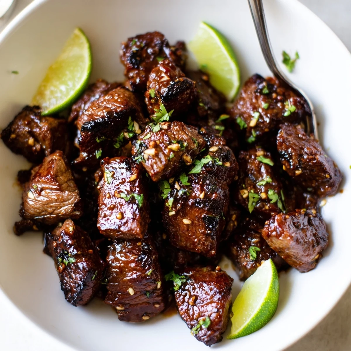 Plated Sweet Spicy Jerk Style Beef Bites with cilantro, zesty lime wedges